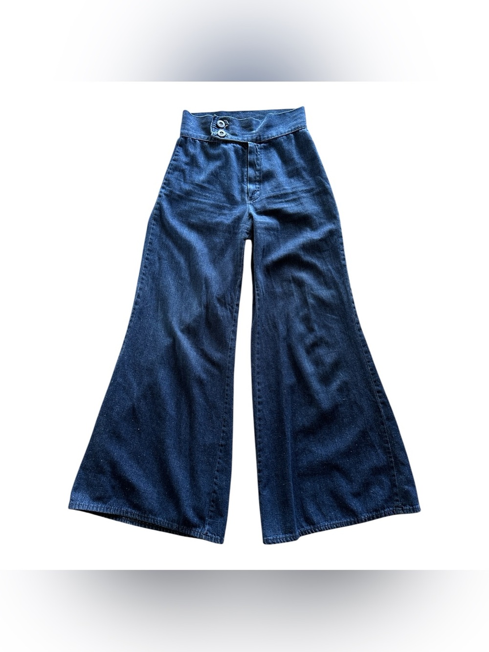 Vintage 70s dark wash cross over waistband bell bottoms